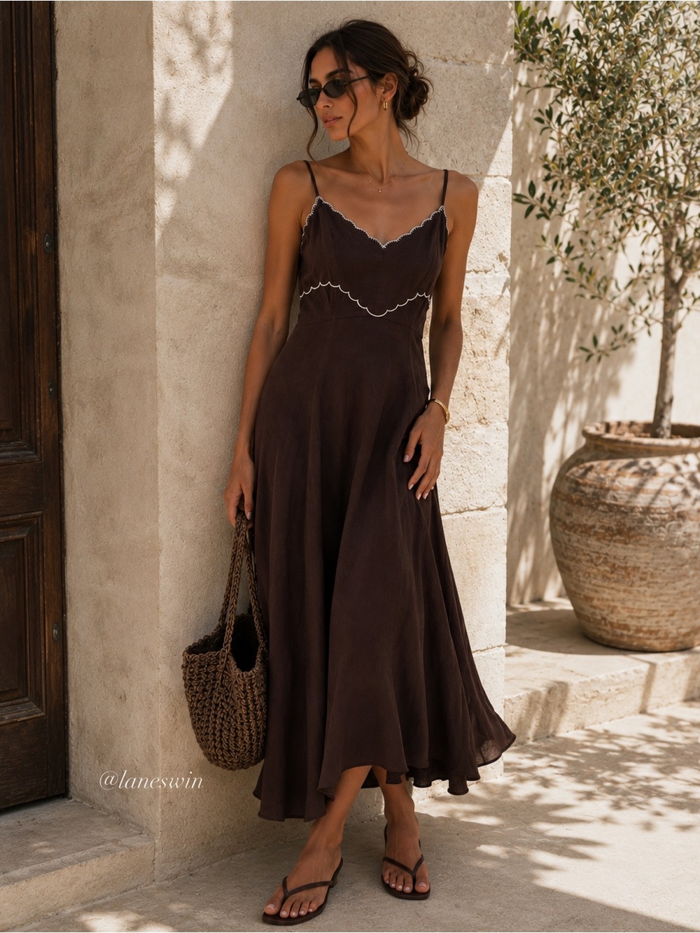 Caroline Constas Brown Scalloped Embroidered Linen Maxi Dress NWT - Picture 11 of 11